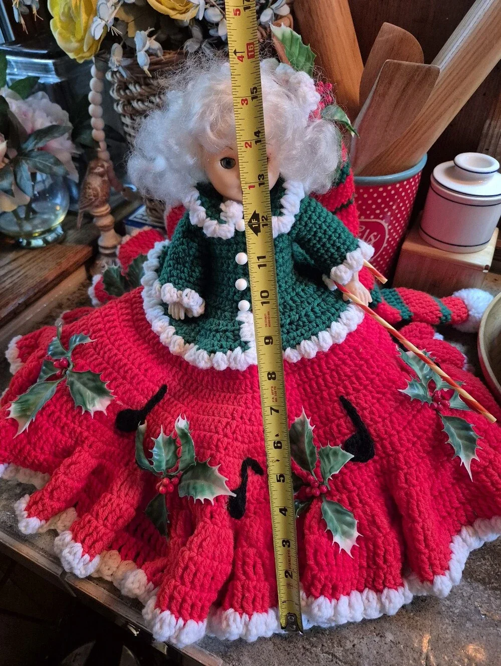 Vintage Christmas Pointsettia Large Crocheted Doll Full Size W/Moveable Limbs